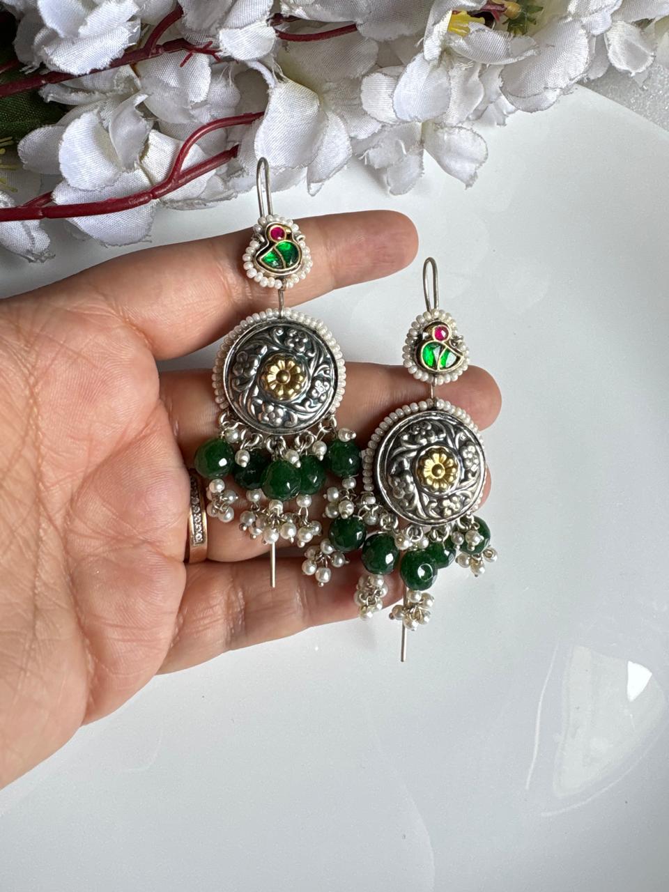 Mriganayani Dual Tone SLA Kundan Needle Earrings | Silver Look Pearl Beaded Ethnic Earrings for Women