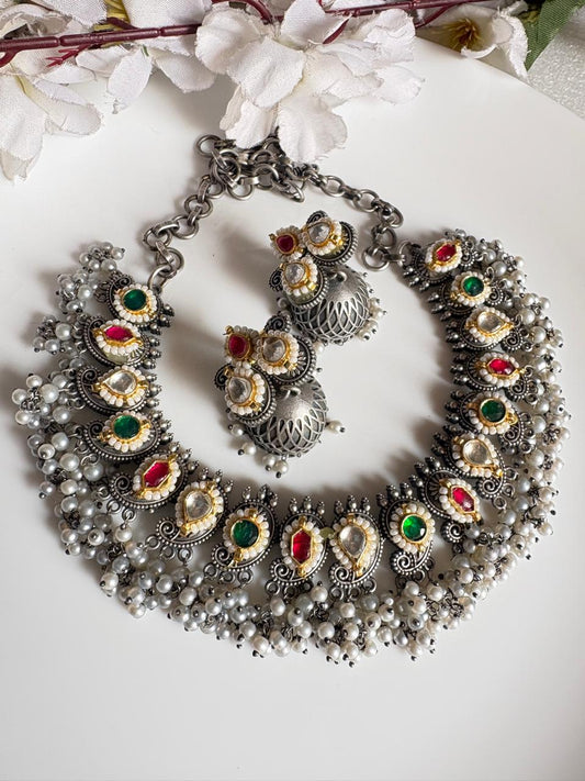 Kundan Fusion Dual Tone Necklace Set with Earrings | SLA Finish Budget Jewellery  Limited Edition | Alankrent | AK-20260111-KB10 by Alankrent