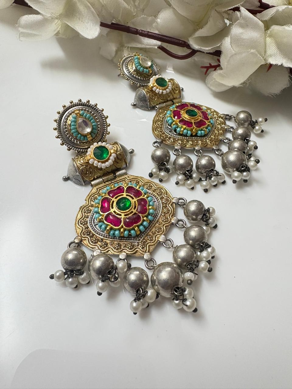 Dual-Tone Oxidized Afghan Jhumka Earrings with Meenakari and Pearl Ghungroos.