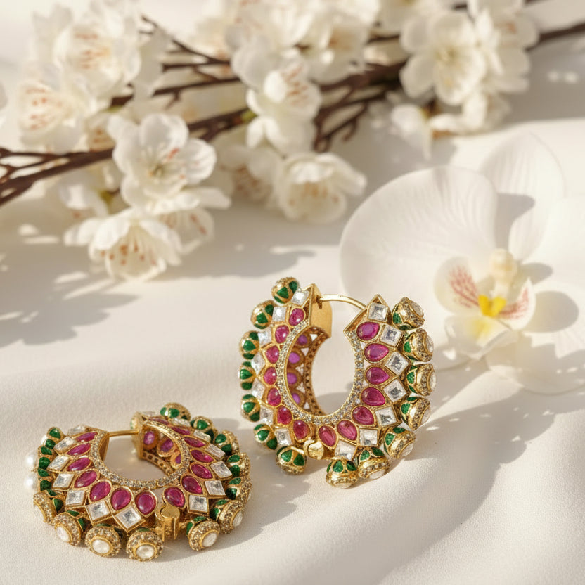 Upgraded Nayanthara Inspired Moissanite Kundan Bali Hoop Earrings – Gold Finish