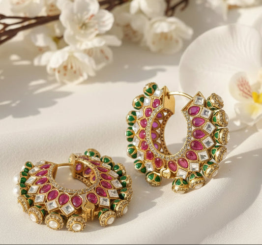 Gold finish Moissanite Kundan Bali Earrings with pink and green stones on a gray background