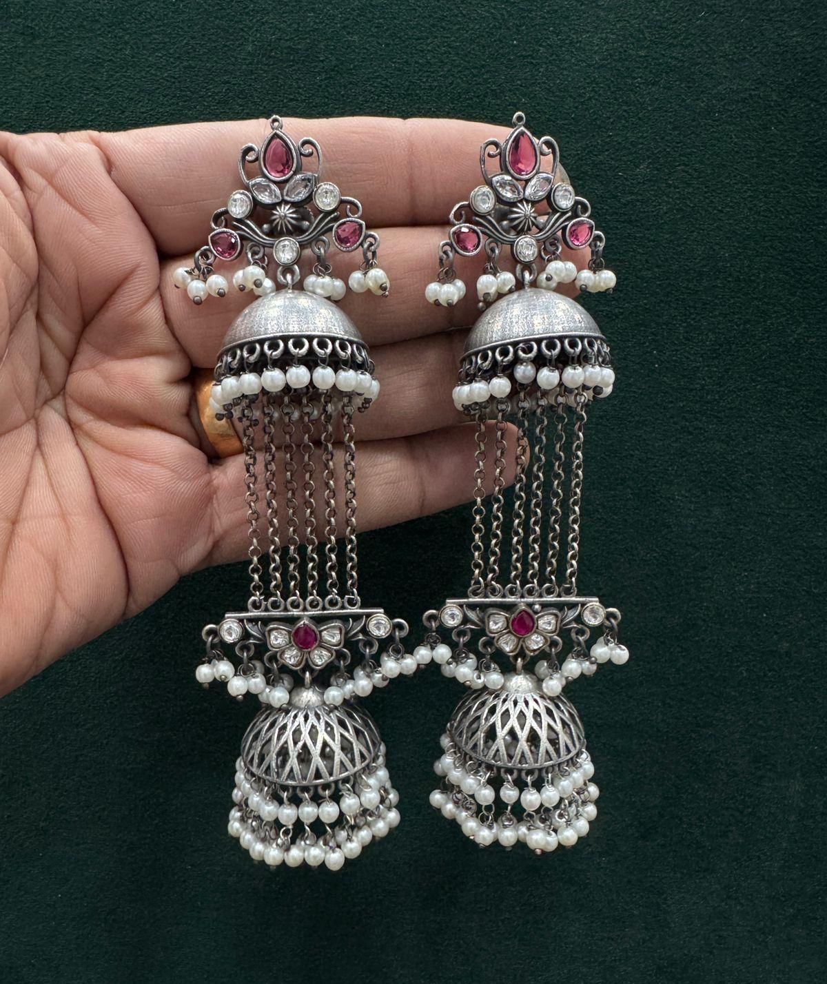 Minara Oxidized Silver Jhumka with Stone & Pearl Drops