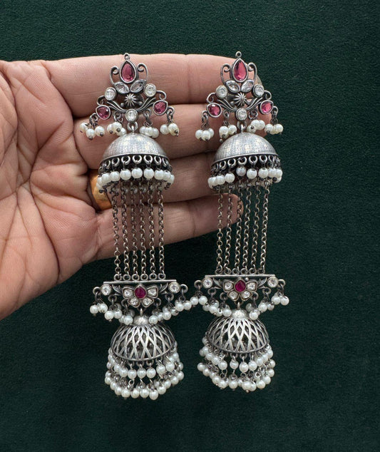 Minara Oxidized Silver Jhumka with Stone & Pearl Drops