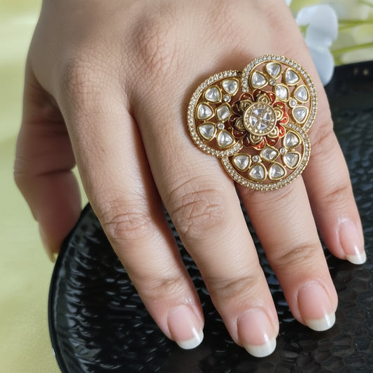 Varnika Floral Polki Moissanite Ring with CZ Diamonds Adjustable Statement Ring  | Moissanite Jewellery India | Premium Indian Jewellery