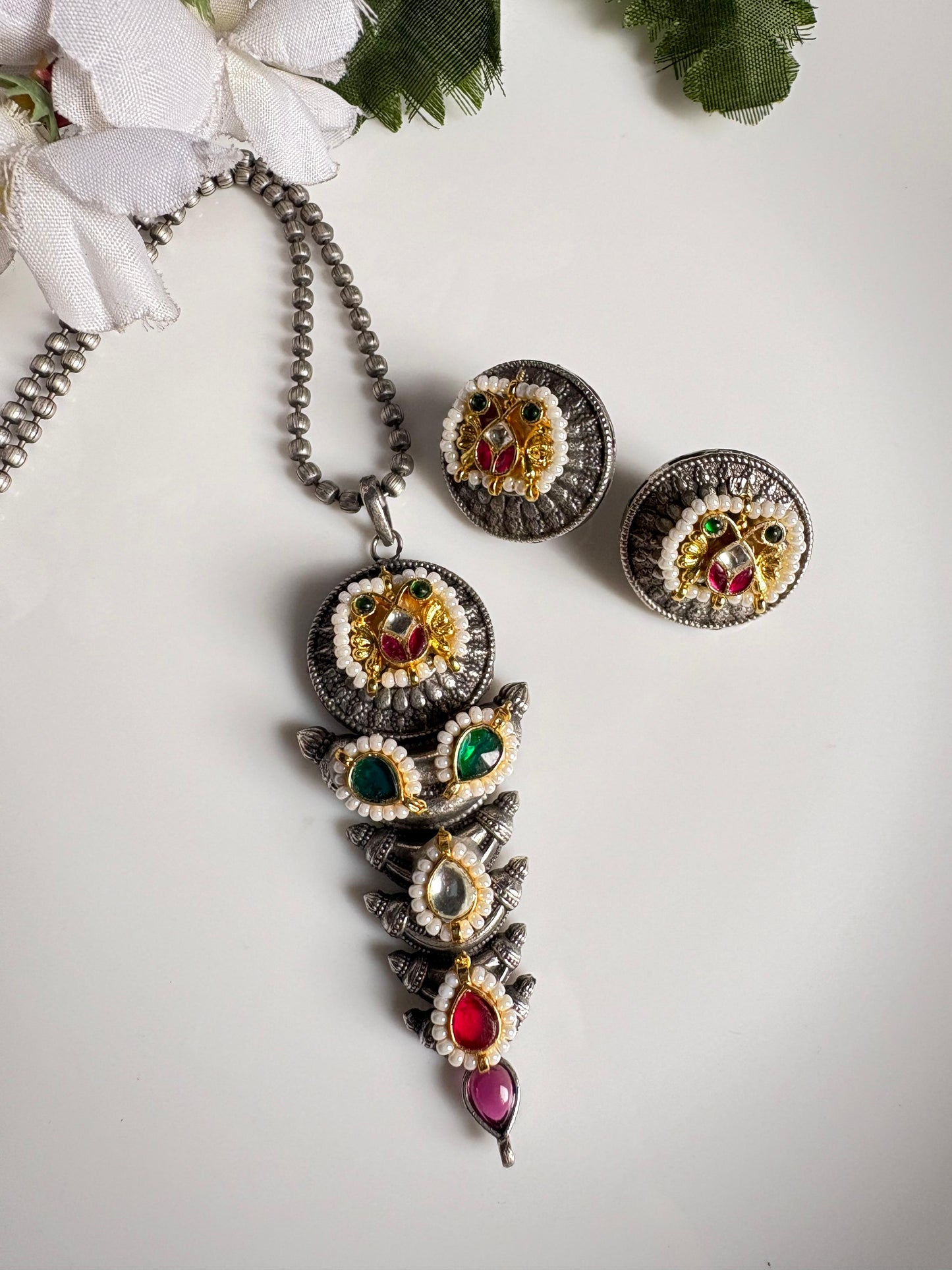 Rudrani German Silver Long Kundan Fusion Pendant Necklace with Round Earrings