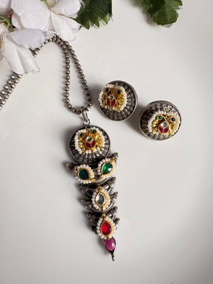 Rudrani German Silver Long Kundan Fusion Pendant Necklace with Round Earrings
