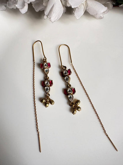 Pushparaga Apala Polish Kundan Sui Dhaga Earrings – Lotus Drop Threader Earrings with Ghungroo for Women