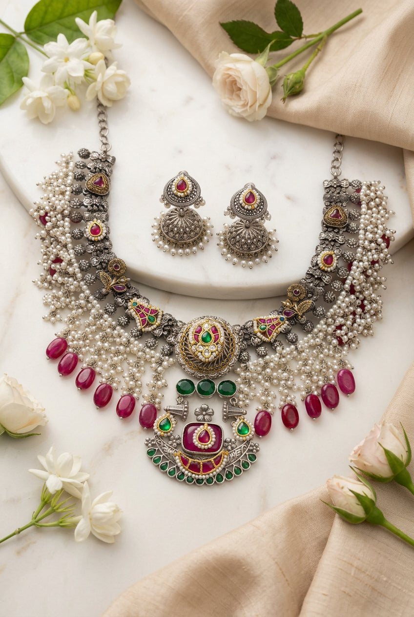 Rajwada Rani Fusion Choker Necklace with Pearl Strings and Pink Drops
