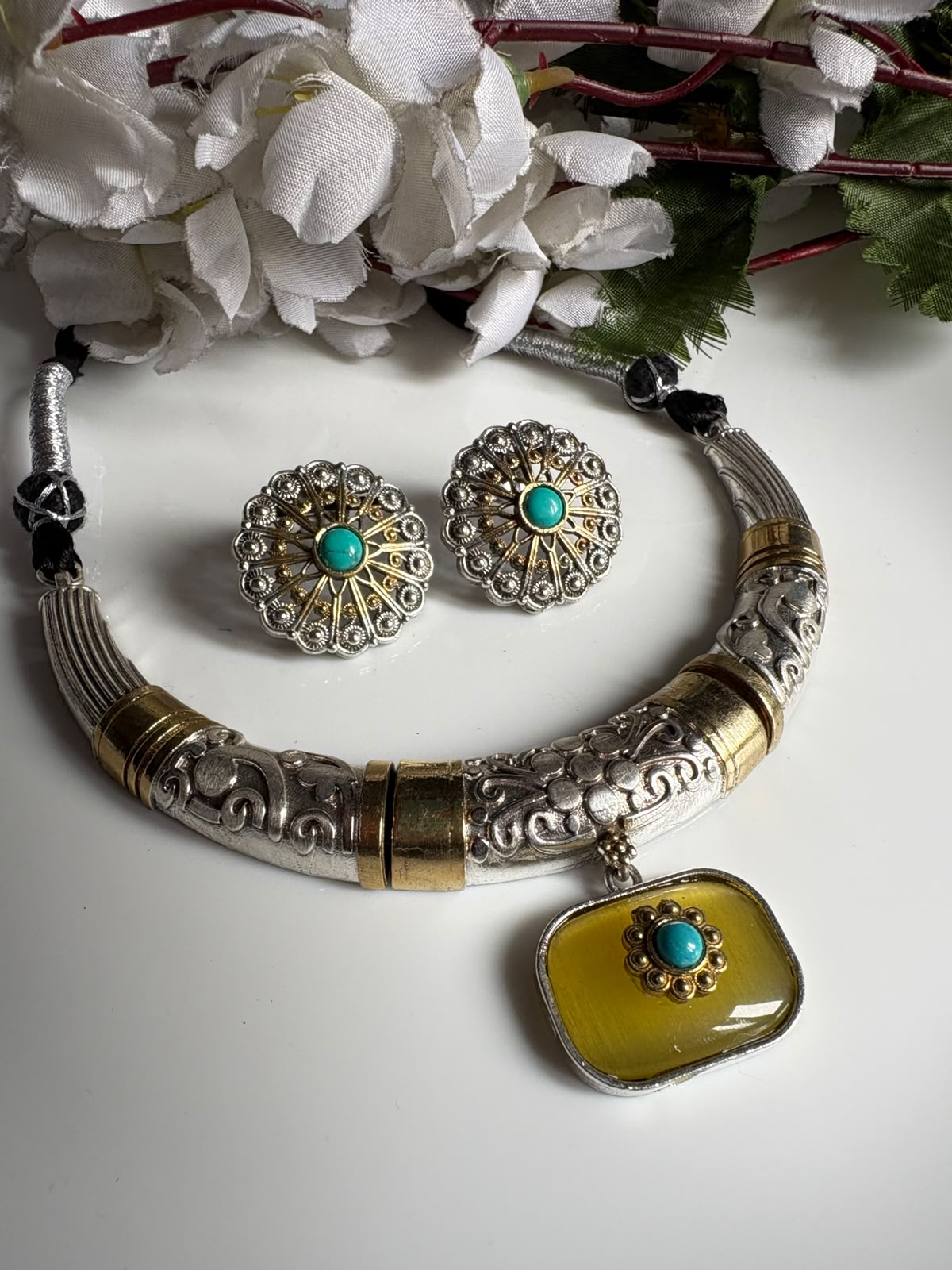 Ratnarekha Dual Tone Thread Hasli Choker Necklace Set with Earrings | Antique Silver & Gold Thread Hasli Jewellery