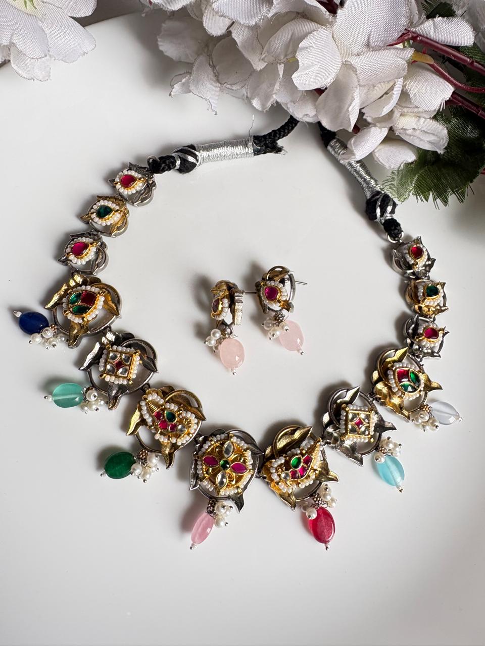 Pushpika Kundan Fusion Dual Tone Necklace Set with Earrings | Silver Look Alike Brass Statement Jewellery