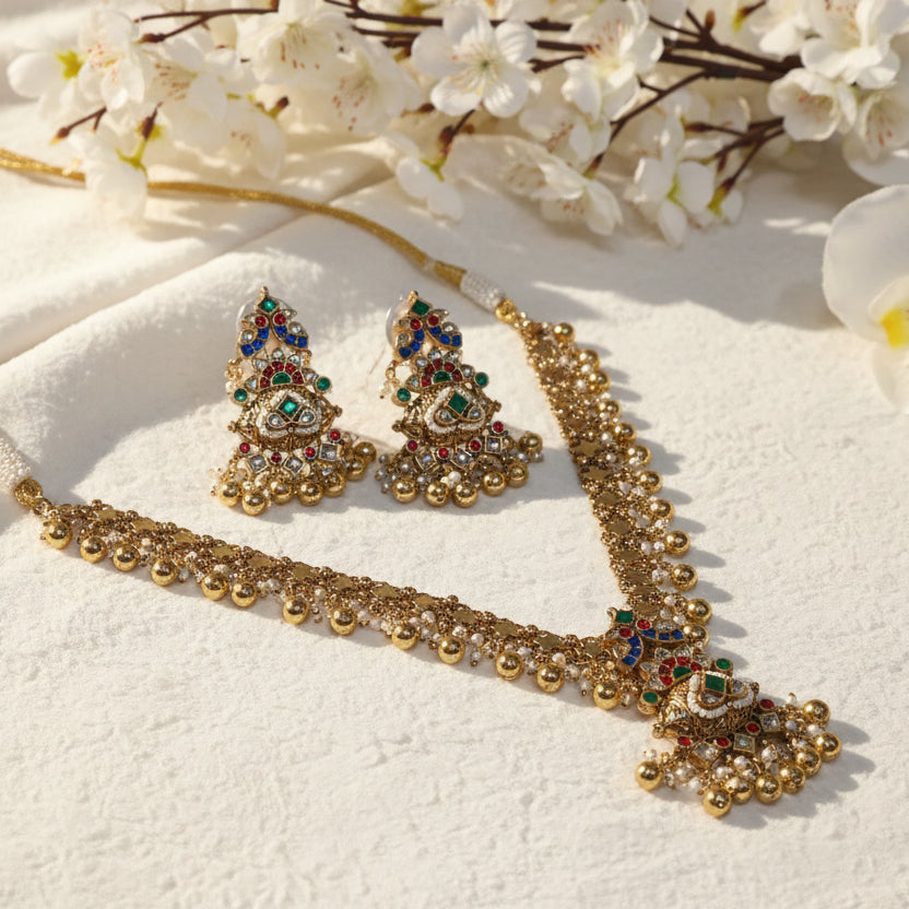 MorVanshi Raas Kundan Necklace Set with Earrings | Peacock Krishna Inspired Temple Jewellery | Multicolor Pearl Ghungroo Haar - Alankrent Luxe
