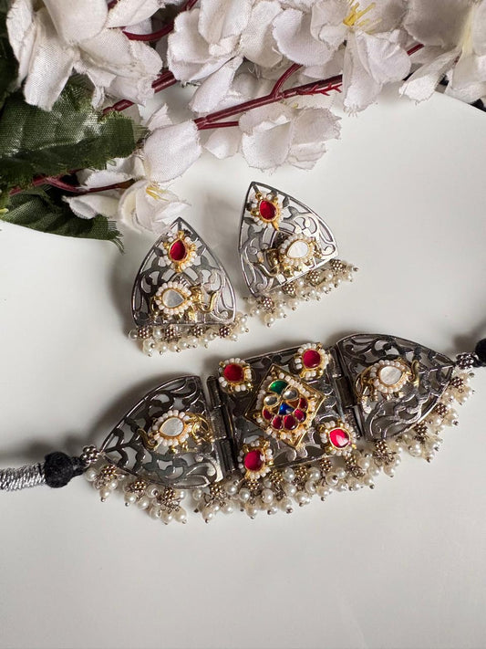 Mayurakshi Kundan Fusion Thread SLA Necklace Set with Earrings | Premium Brass Dual Tone Pearl Necklace | Alankrent Luxe