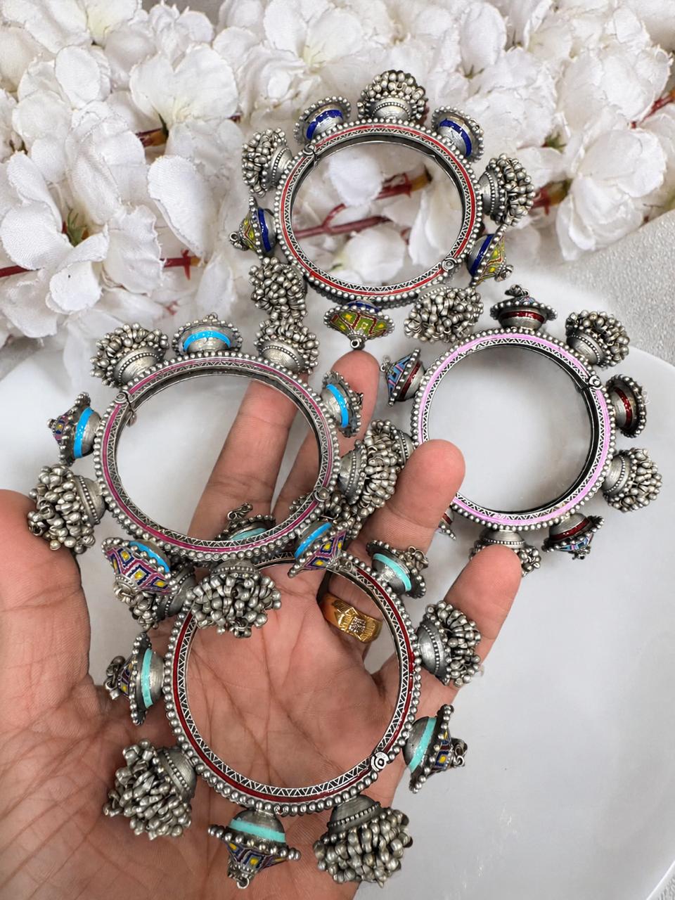 Rangrekha Hand-Painted German Silver Tribal Ghungroo Kada(SINGLE) |  Ethnic Statement Bangle for Women