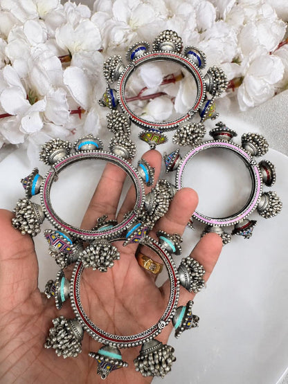 Rangrekha Hand-Painted German Silver Tribal Ghungroo Kada(SINGLE) |  Ethnic Statement Bangle for Women