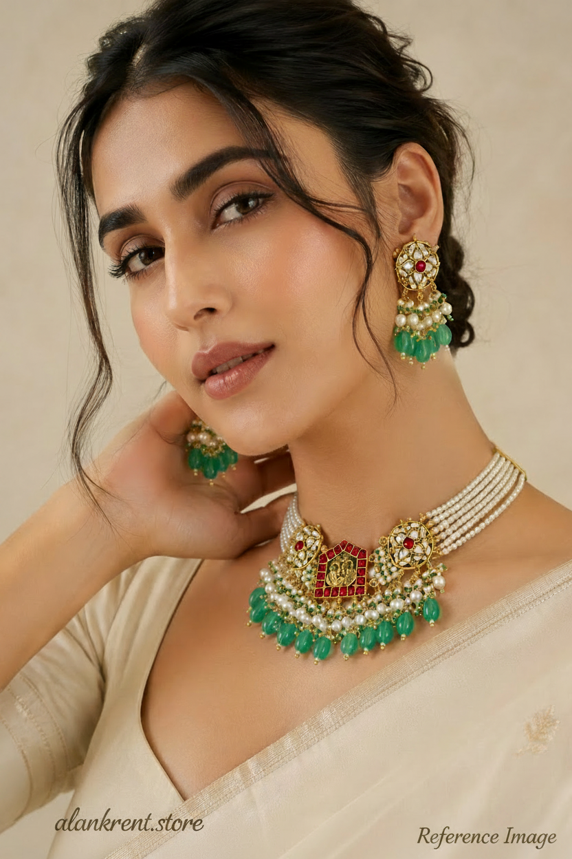 Rudrakshi Heritage Pearl Kundan Necklace Set with Green Beads and Earrings