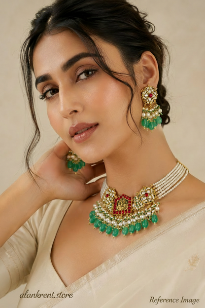 Rudrakshi Heritage Pearl Kundan Necklace Set with Green Beads and Earrings