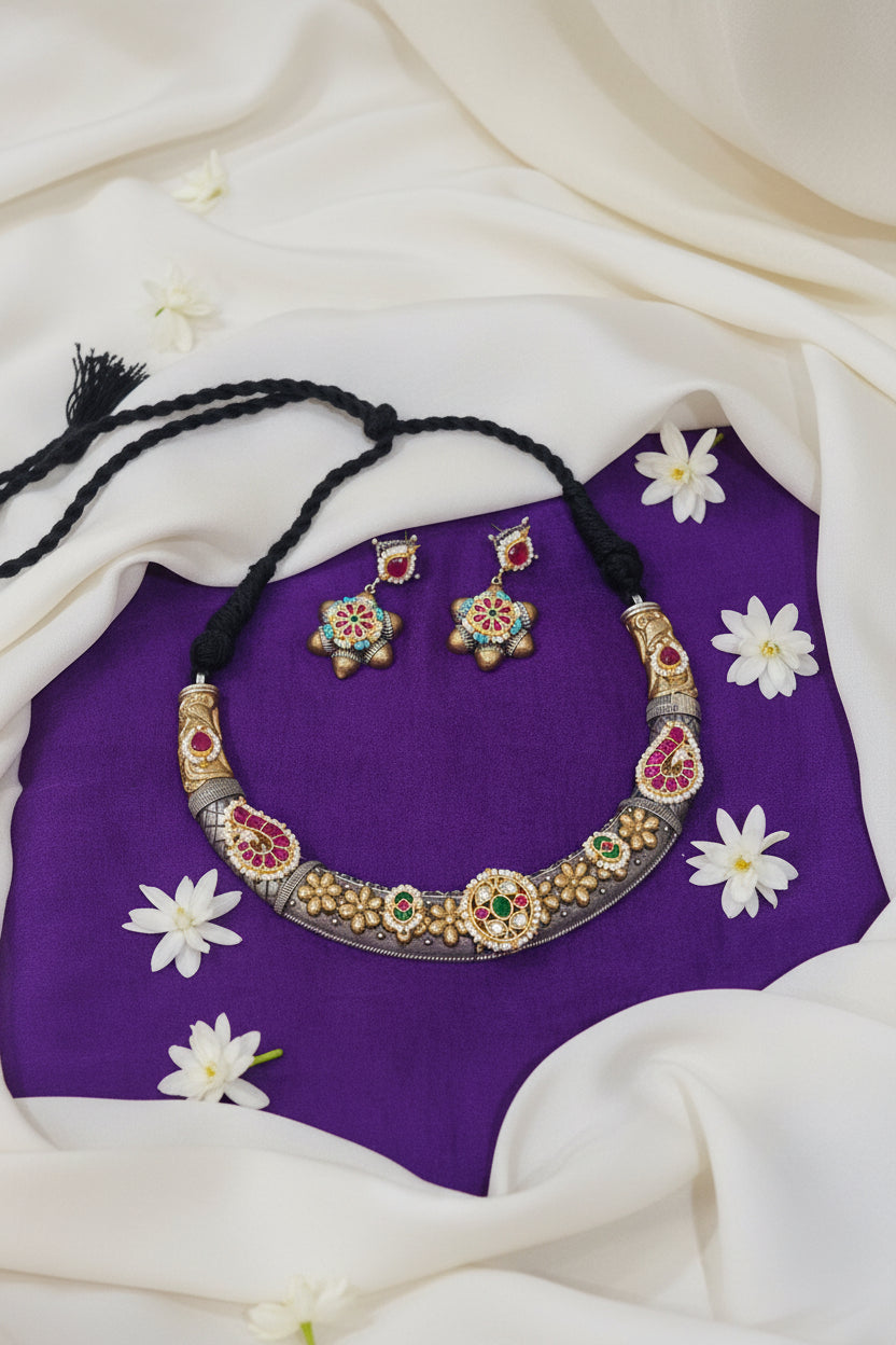 Pushpavalli Dual Tone Temple Necklace Set with Earrings | Premium SLA Silver Look Floral Kundan Fusion Jewellery