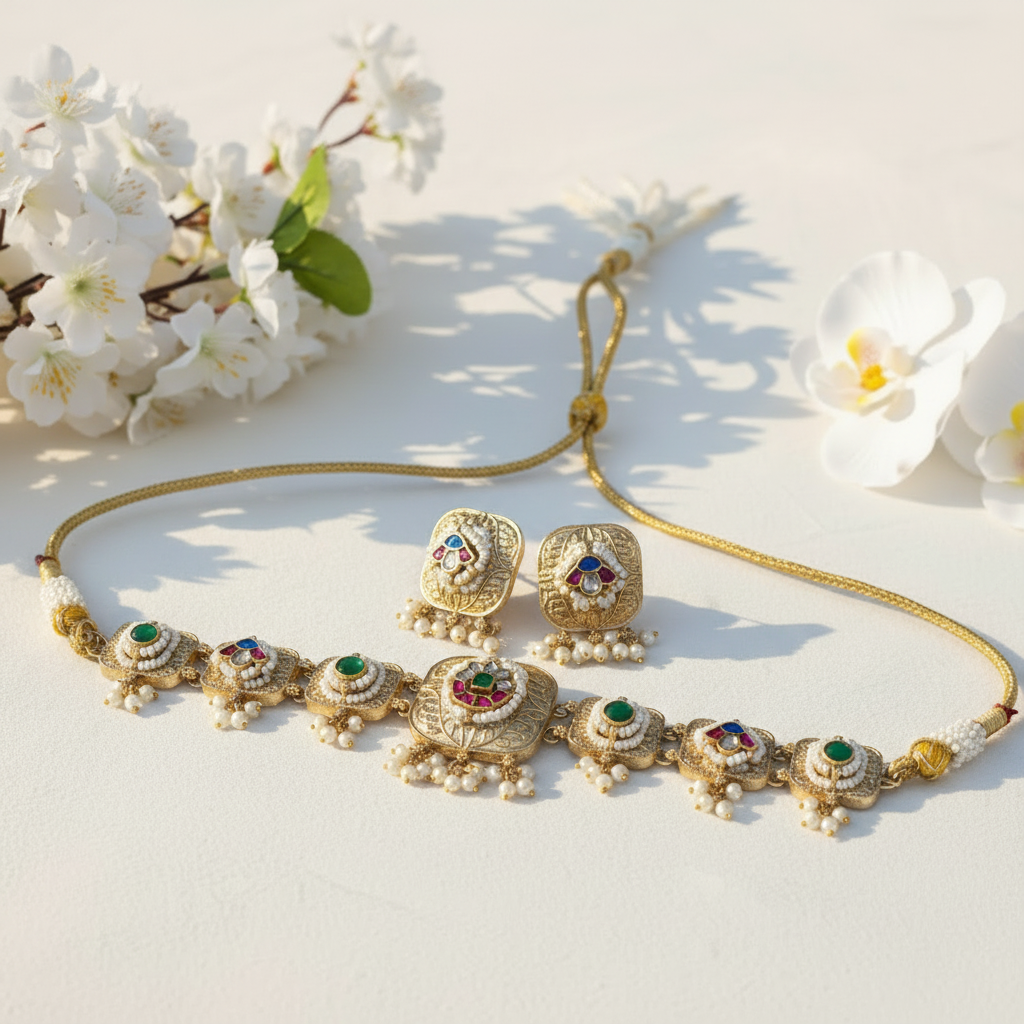 Limited Edition Gold Matt Kundan Choker Necklace Set With Earrings Silver Look Polish Sla by Alankrent