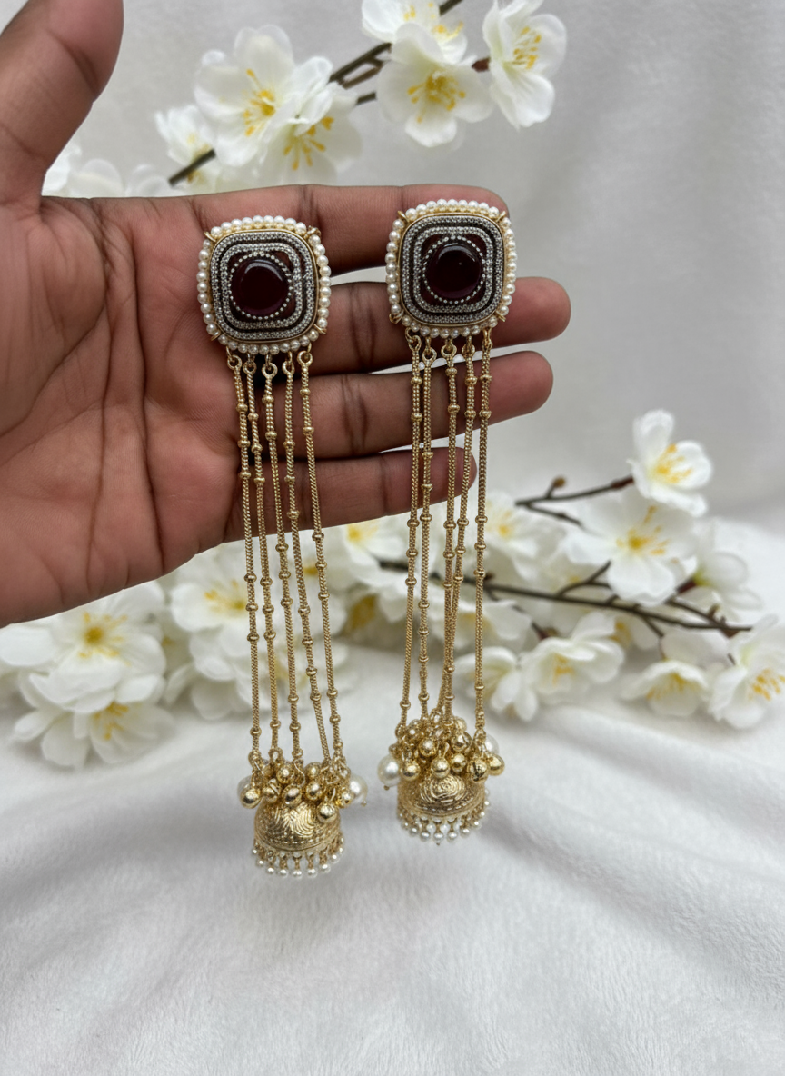 Kashmiri Jhumka Drops –Long Earrings with Pearl and Gold Detailing