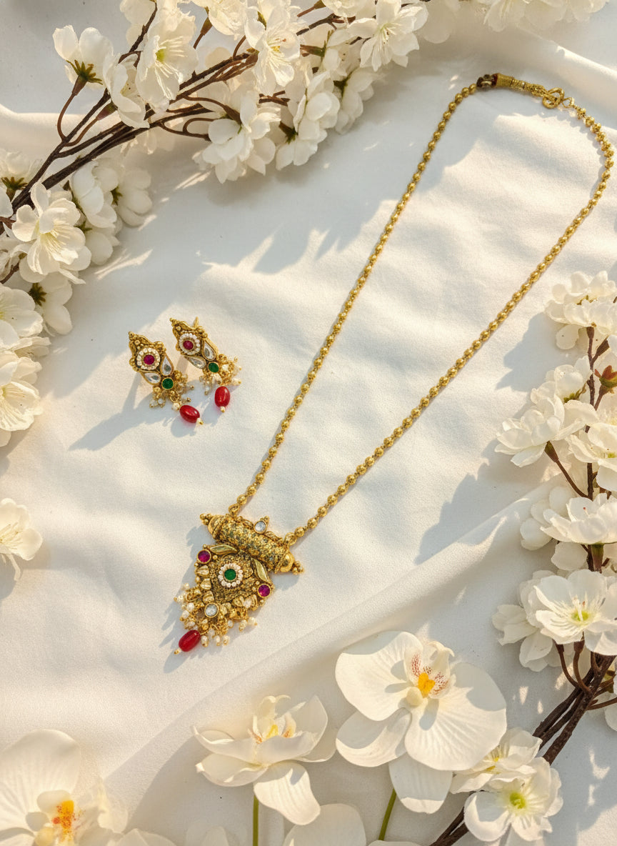 Rajvanshi Annapurna Temple Ball Chain Necklace | Ruby-Emerald Stones | Premium Bridal Traditional Jewellery