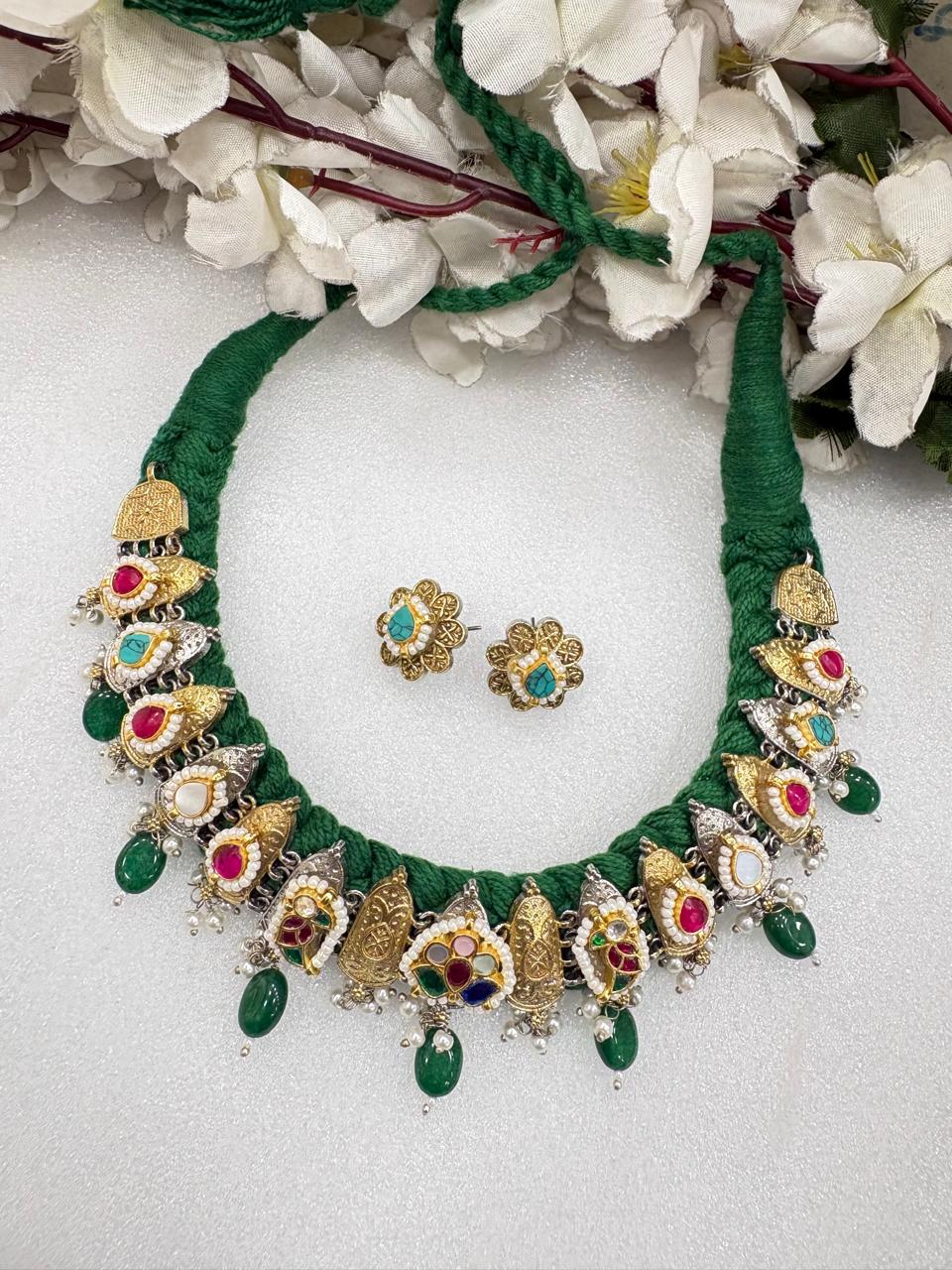 Rangashree Kundan Fusion Thread SLA Necklace Set with Earrings | Budget Heritage Jewellery for Women
