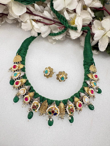 Rangashree Kundan Fusion Thread SLA Necklace Set with Earrings | Budget Heritage Jewellery for Women