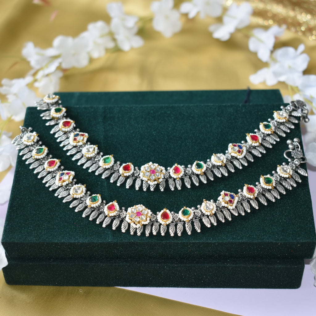 Handcrafted Oxidised Multicolor Kundan Payal with Leaf Drops Bridal Anklet in German Silver Traditional Indian Jewellery Alankrent