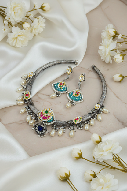 Sea Green Pachi Kundan Fusion Hasli Necklace Set with Pearl Drops | German Silver Designer Hasli with Earrings