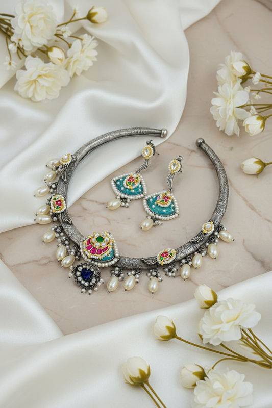 Sea Green Pachi Kundan Fusion Hasli Necklace Set with Pearl Drops | German Silver Designer Hasli with Earrings