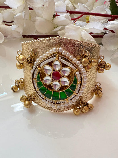 Broad Gold Kundan Handcuff with Ghungroos - Meenakari Kada