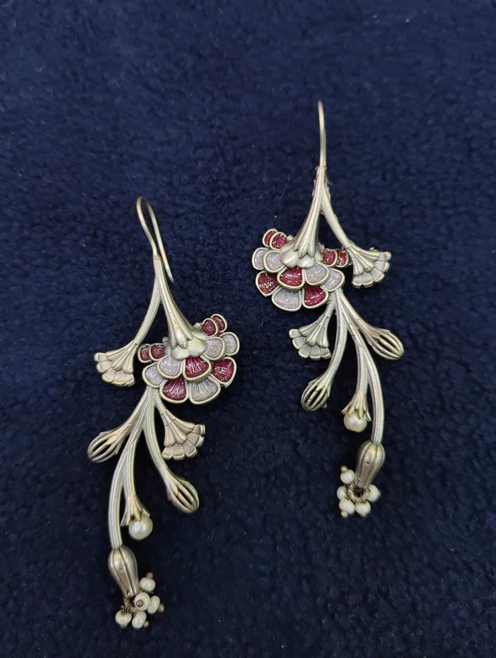 Gulbahaar Premium SLA Fusion Earrings – Floral Long Statement Silver Look Alike Earrings