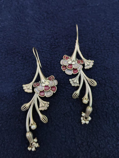 Gulbahaar Premium SLA Fusion Earrings – Floral Long Statement Silver Look Alike Earrings