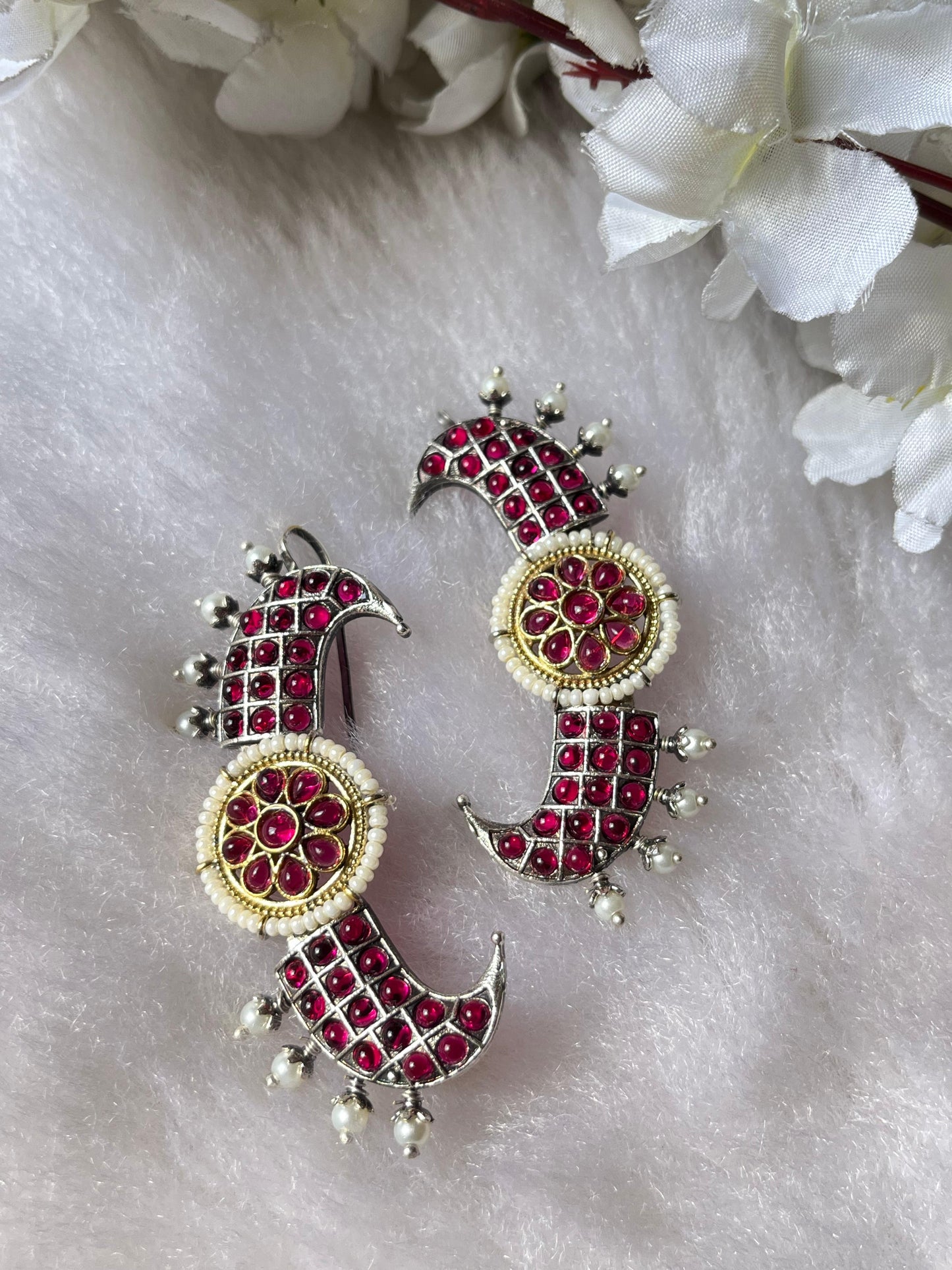 Handcrafted Stone-Studded Crescent Earrings | Multi-Color Meenakari Design with Pearl Detailing for Festive & Wedding Luxury