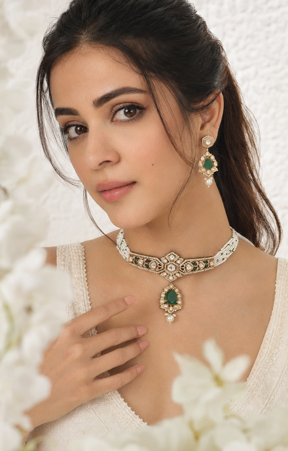 Zareen Emerald Polki Moissanite Choker Set with Pearl Beads & Matching Earrings | Bridal Jewellery