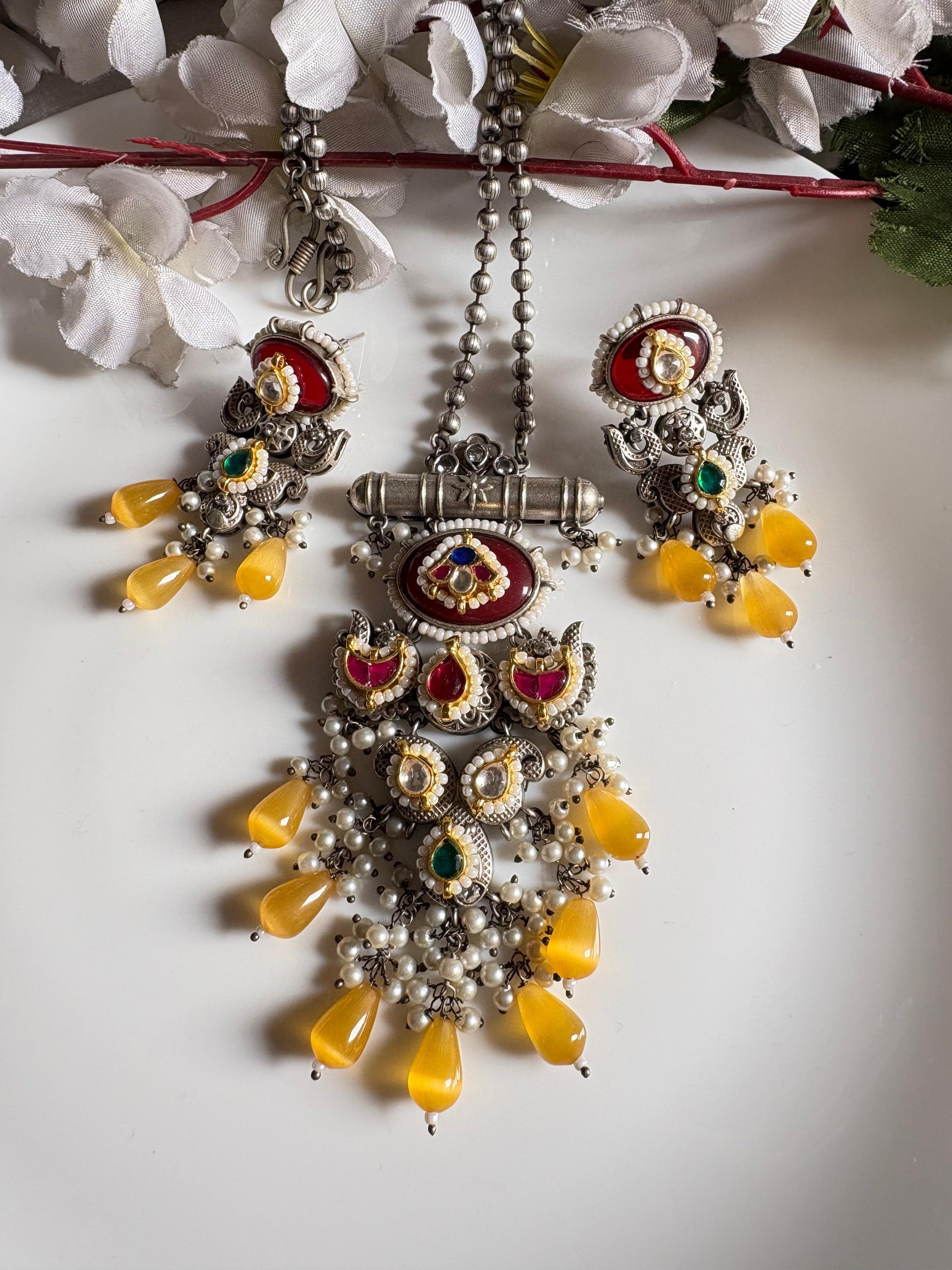 Heritage Bloom Sla Long Kundan Necklace Set With Beaded Drops Budget Statement Jewellery by Alankrent